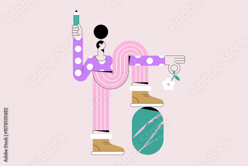Vector illustration of a landscaper or funny character with a pencil in one hand and a flower in the other