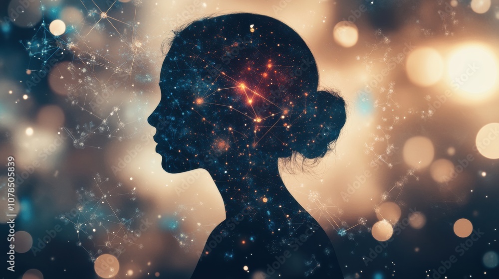 A human silhouette stands out against a vibrant background filled with molecules and diagrams, symbolizing scientific exploration and creativity. Generative AI A human silhouette stands out against a vibrant background filled with molecules and diagrams, symbolizing scientific exploration and creativity. Generative AI