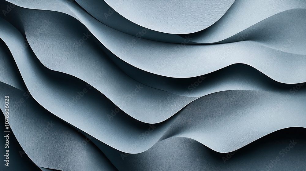 Obraz premium Abstract image featuring layered blue curved shapes with smooth textures creating a flowing, wave-like pattern in a monochromatic color scheme.