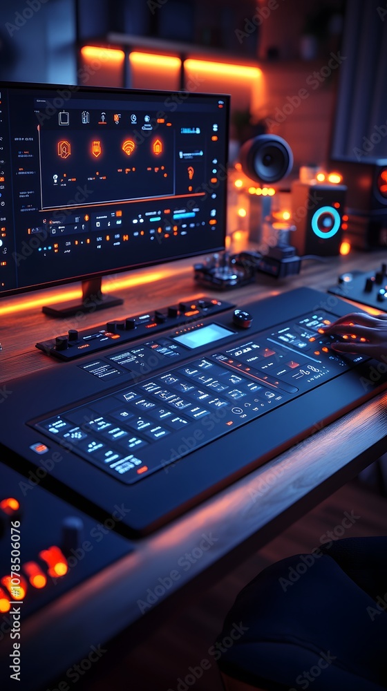 A modern workstation with a sleek control panel and illuminated screen for digital tasks. A modern workstation with a sleek control panel and illuminated screen for digital tasks.