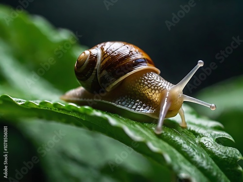 Snail Crawling on a Green Leaf