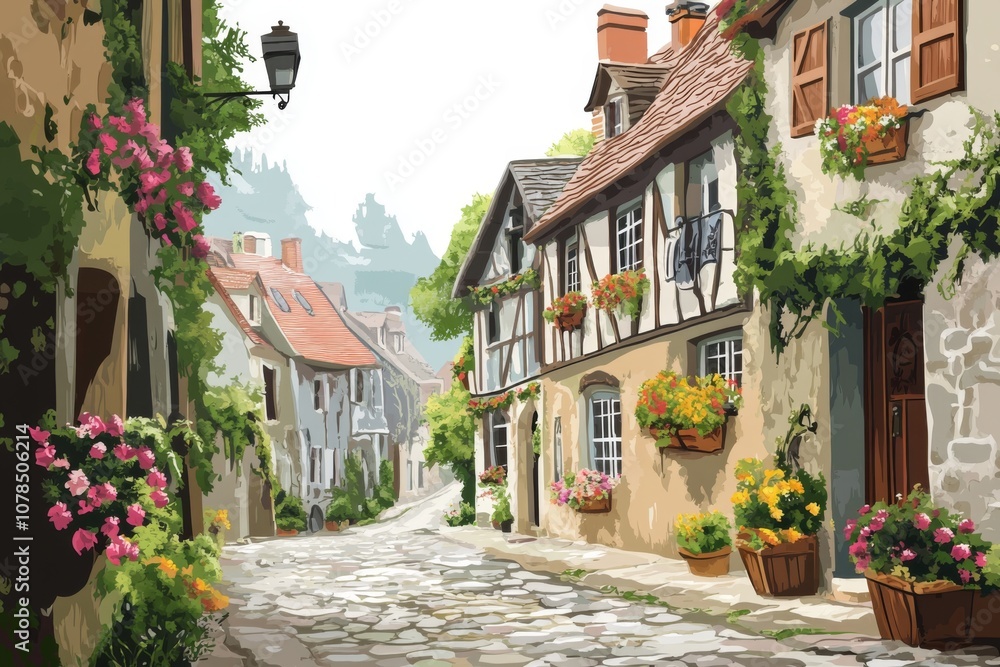 Charming European Village Illustration Charming European Village Illustration