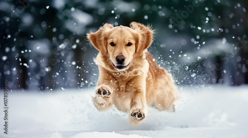 Happy Energetic Dog in Snowy Landscape – Joyful Pet Enjoying a Crisp December Morning Outdoors