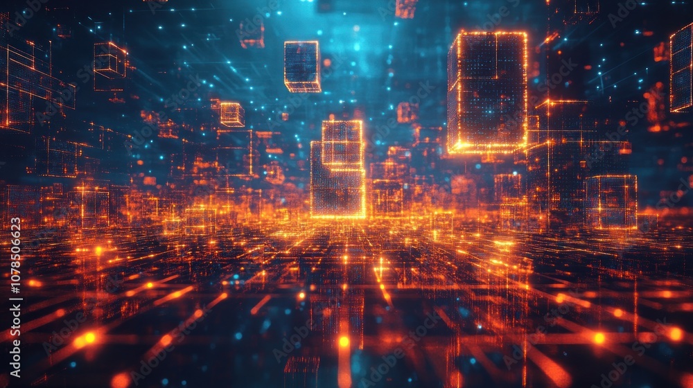 Obraz premium Abstract digital landscape with glowing cubes and lines.