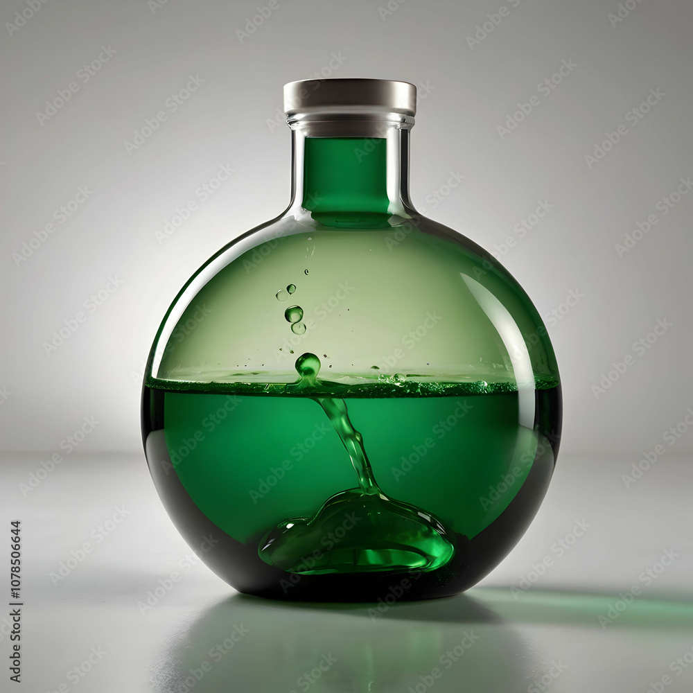 A round-bottom flask filled with a vibrant green liquid A round-bottom flask filled with a vibrant green liquid