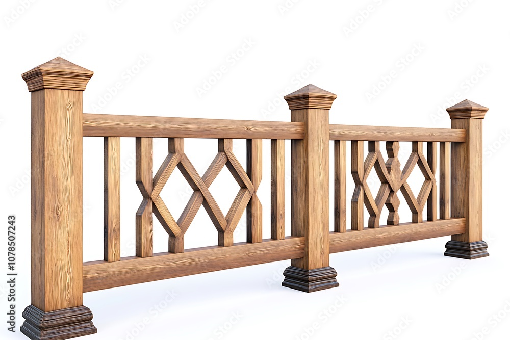 Ornate wooden fence with diamond pattern isolated on white background, perfect for architectural visualization Ornate wooden fence with diamond pattern isolated on white background, perfect for architectural visualization