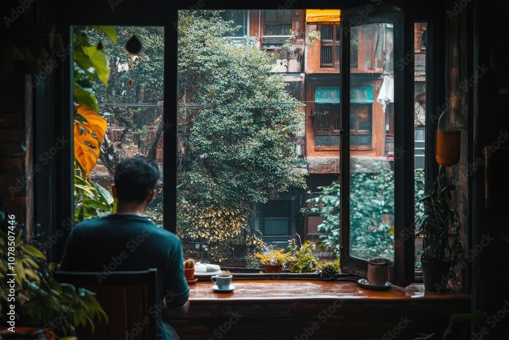 Man sits by the window with a cup of coffee. This photo captures the essence of a quiet moment, perfect for depicting solitude and reflection. Man sits by the window with a cup of coffee. This photo captures the essence of a quiet moment, perfect for depicting solitude and reflection.
