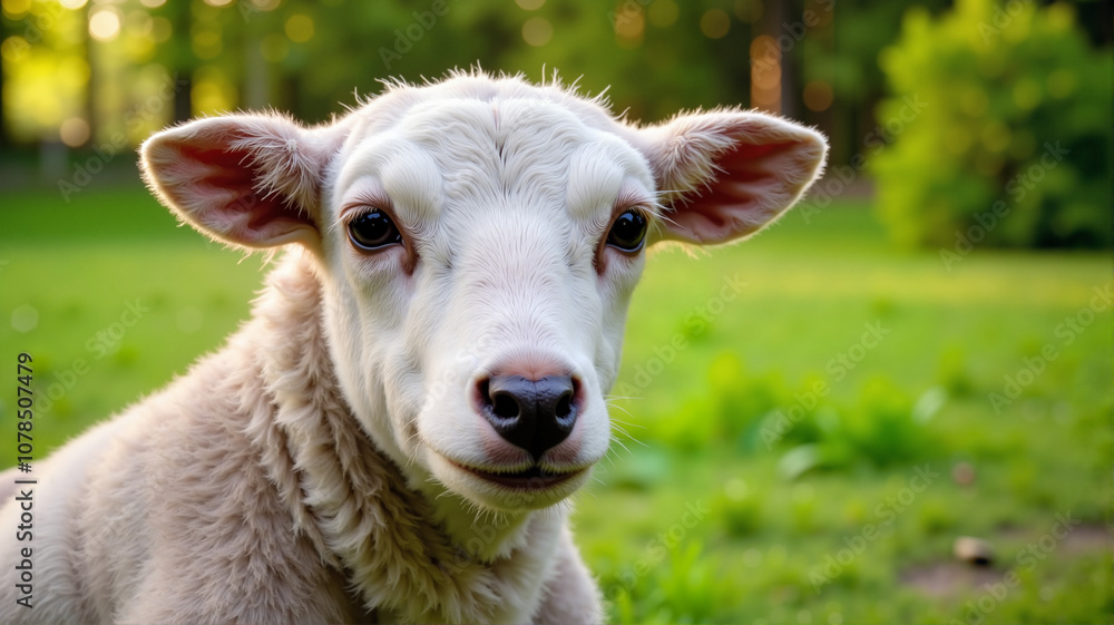 Fototapeta premium Cute lamb in green field 