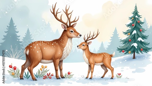 Christmas reindeer in the winter forest