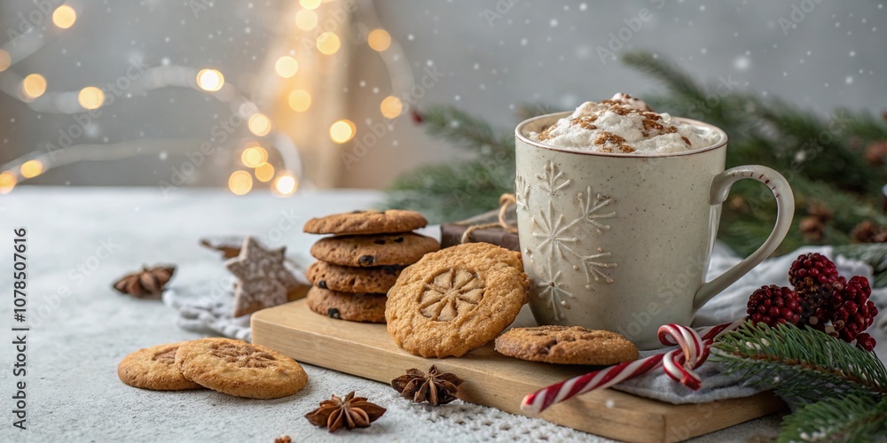 Enchanting Christmas Still Life Featuring Festive Cookies and Holiday Drink with a Touch of Double Exposure Magic Enchanting Christmas Still Life Featuring Festive Cookies and Holiday Drink with a Touch of Double Exposure Magic
