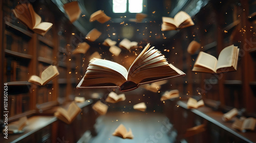 Open Book Floating in a Library Illustration photo