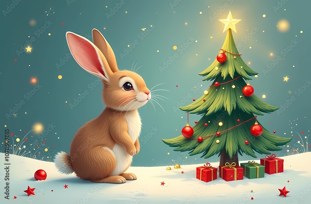 Postcard with rabbit and Christmas tree. Festive atmosphere, Christmas, congratulations Postcard with rabbit and Christmas tree. Festive atmosphere, Christmas, congratulations