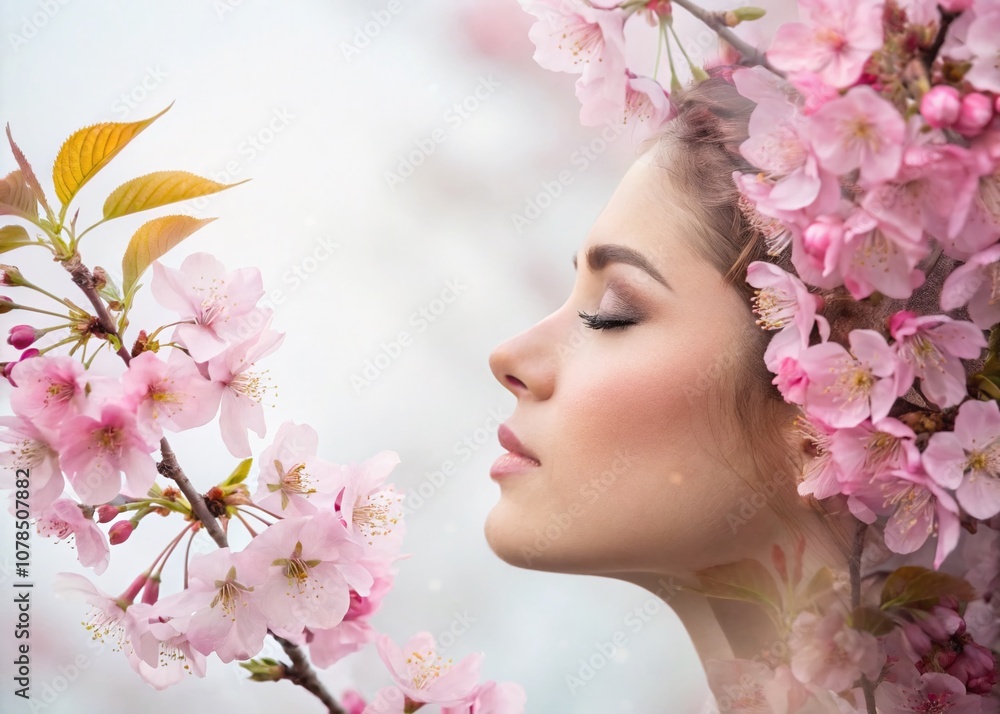 Enchanting Double Exposure of a Female Face Merging with Delicate Pink Blossom Flowers for a Serene and Dreamy Aesthetic in Art and Photography Enchanting Double Exposure of a Female Face Merging with Delicate Pink Blossom Flowers for a Serene and Dreamy Aesthetic in Art and Photography