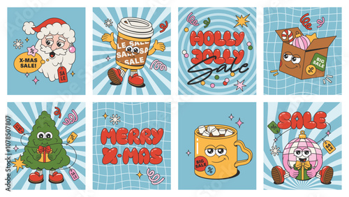 Retro groovy Christmas posters with puffy phrase, pin tree, Santa Claus, cup of coffee and cocoa, christmas ball and sale tags. Sale xmas cartoon posters with mascot elements.