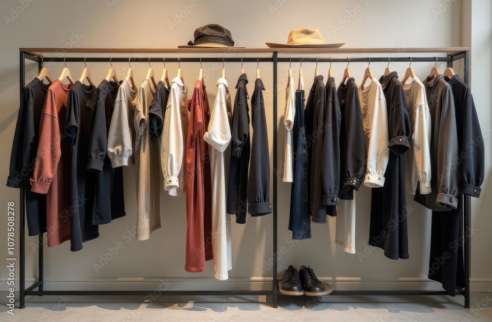 A stylish clothing rack showcases a range of shirts and hats in a chic boutique with natural lighting. A stylish clothing rack showcases a range of shirts and hats in a chic boutique with natural lighting.