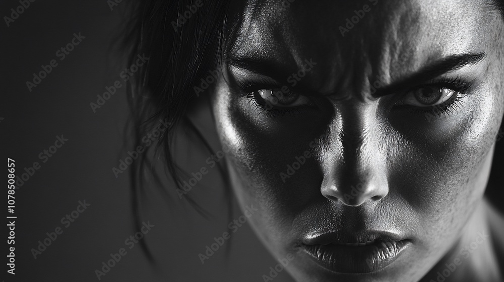 Close-up portrait of a woman with an angry expression. Her eyes are narrowed and her brow is furrowed. Close-up portrait of a woman with an angry expression. Her eyes are narrowed and her brow is furrowed.