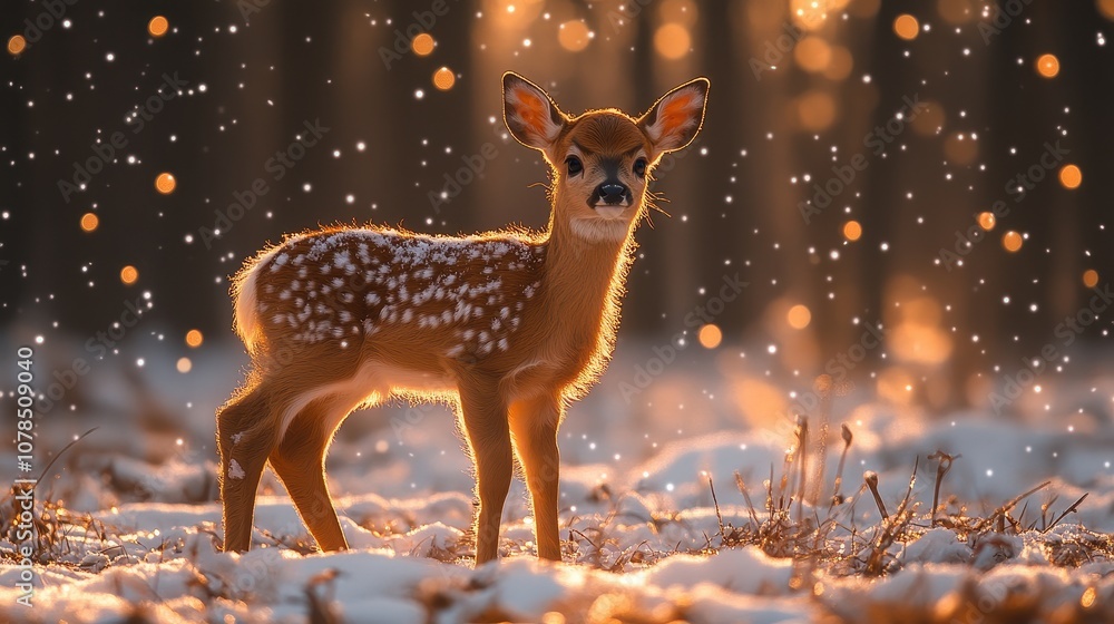 Obraz premium Adorable Baby Deer in a Snowy Winter Fantasy Scene