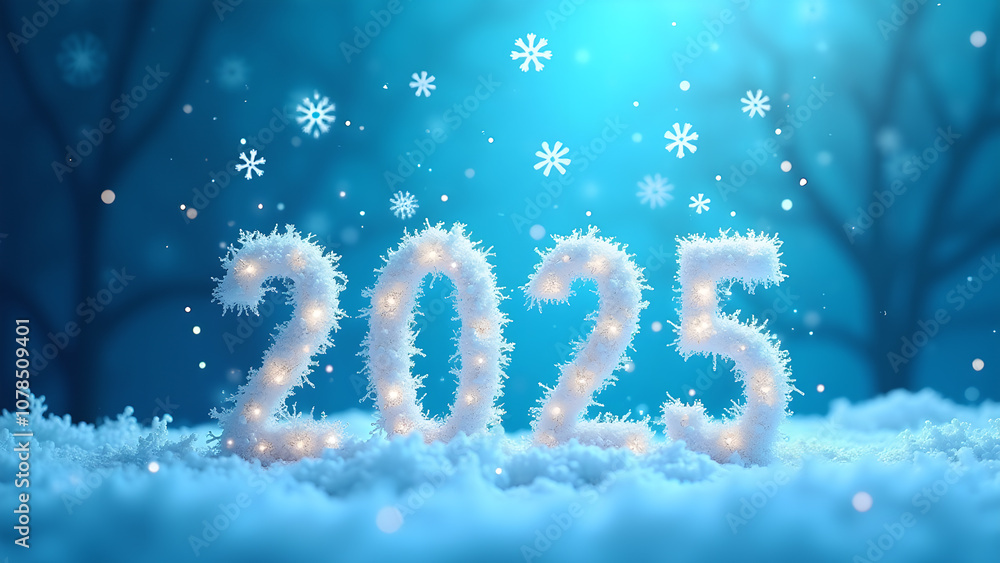 Snowy winter scene with glowing lights forming the year 2025, a perfect image for winter holidays and New Year's celebrations. Snowy winter scene with glowing lights forming the year 2025, a perfect image for winter holidays and New Year's celebrations.