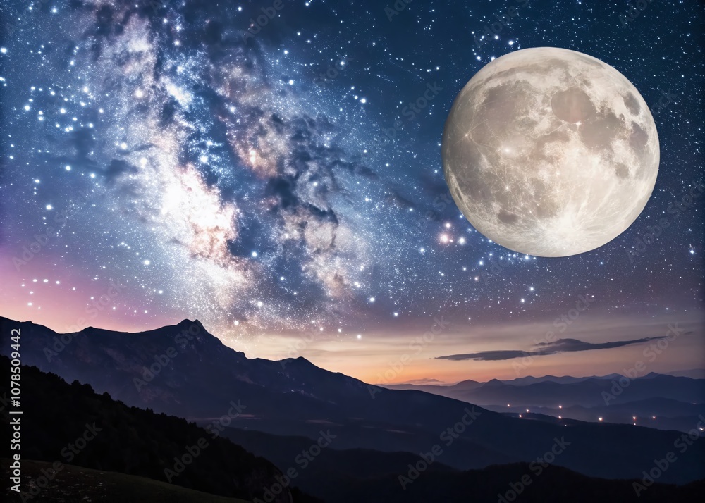 Enchanting Lunar Landscape with Stars and Mountains, Captivating Night Sky Over the Moonlit Terrain with Ample Copy Space for Text or Branding Enchanting Lunar Landscape with Stars and Mountains, Captivating Night Sky Over the Moonlit Terrain with Ample Copy Space for Text or Branding
