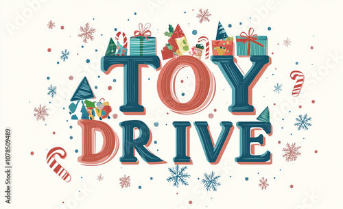 Festive toy drive illustration with gifts and holiday decorations