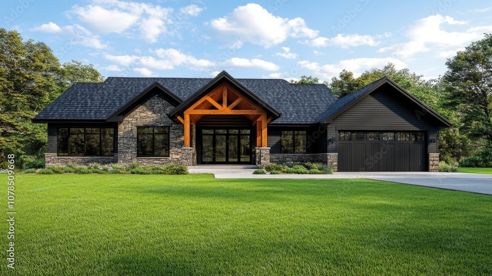 Modern Farmhouse Retreat: A dream home with a contemporary twist. The black exterior, stone accents, and timber beams create a stylish and welcoming facade. Modern Farmhouse Retreat: A dream home with a contemporary twist. The black exterior, stone accents, and timber beams create a stylish and welcoming facade.