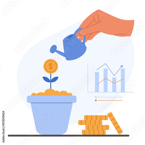 Financial concept with hand  watering a tree of coins. Investment, financial nurturing, and wealth