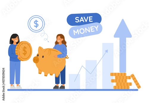Economic growth concept. Two women put coin into a piggy bank. Investment strategies and increasing savings