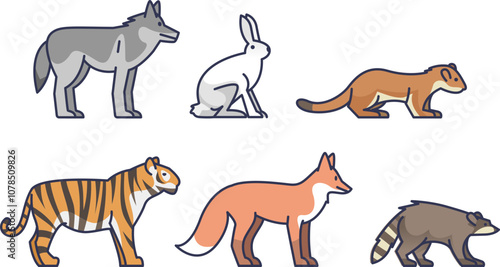 Illustrated animals representing biodiversity: wolf, rabbit, weasel, tiger, fox, raccoon.