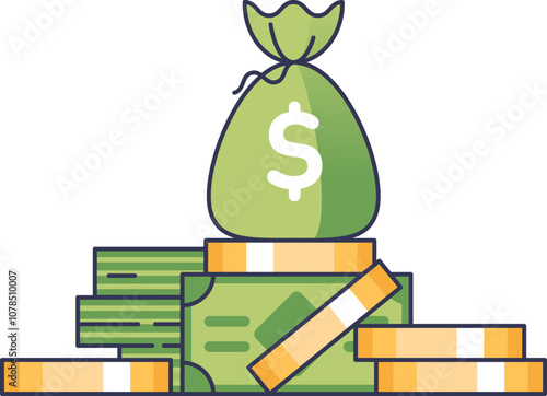 A money bag atop stacks of cash and coins symbolizes wealth and financial success.