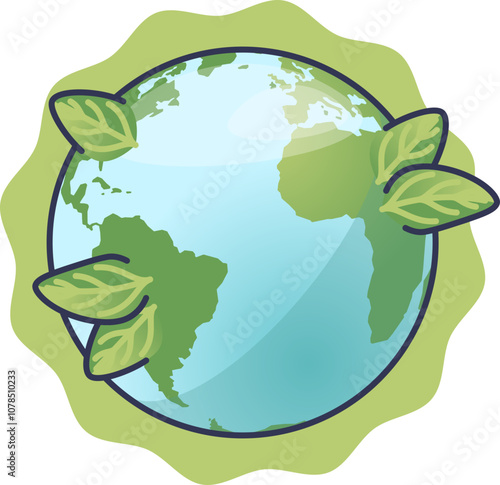 Earth with green continents and leaves symbolizes environmental sustainability.