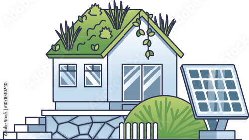 Illustration of a house with solar panels, plants, and a rain barrel, symbolizing sustainability.