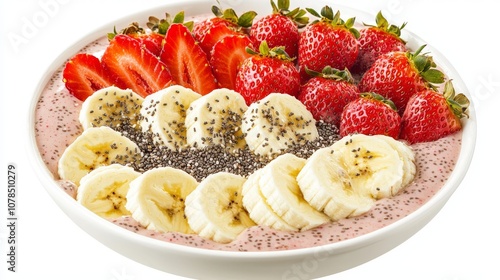 a fresh fruit smoothie bowl with strawberries, bananas and chia seeds