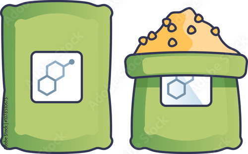 Two green fertilizer bags, one sealed and one open with granules, symbolize agricultural growth.