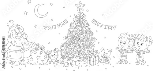 Happy little girl and boy suddenly meeting Santa Claus with his magical bag full of holiday gifts near a festively decorated Christmas tree, black and white vector cartoon illustration