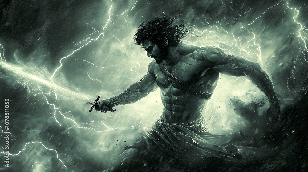 Powerful warrior wielding a sword amid dramatic lightning in a stormy sky with dynamic energy and intense emotions portrayed in a mythological art style Powerful warrior wielding a sword amid dramatic lightning in a stormy sky with dynamic energy and intense emotions portrayed in a mythological art style
