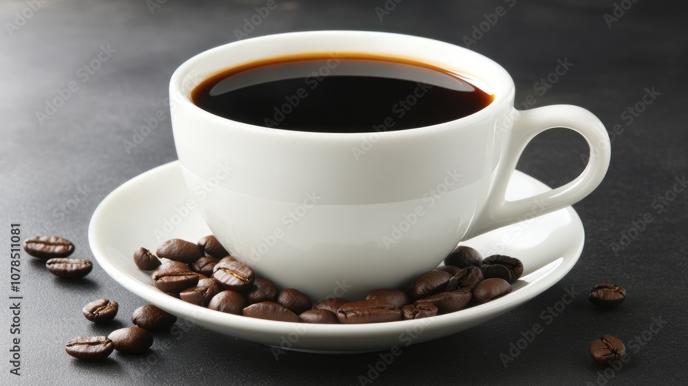 a white cup of coffee with coffee beans on a black background ,generative ai a white cup of coffee with coffee beans on a black background ,generative ai