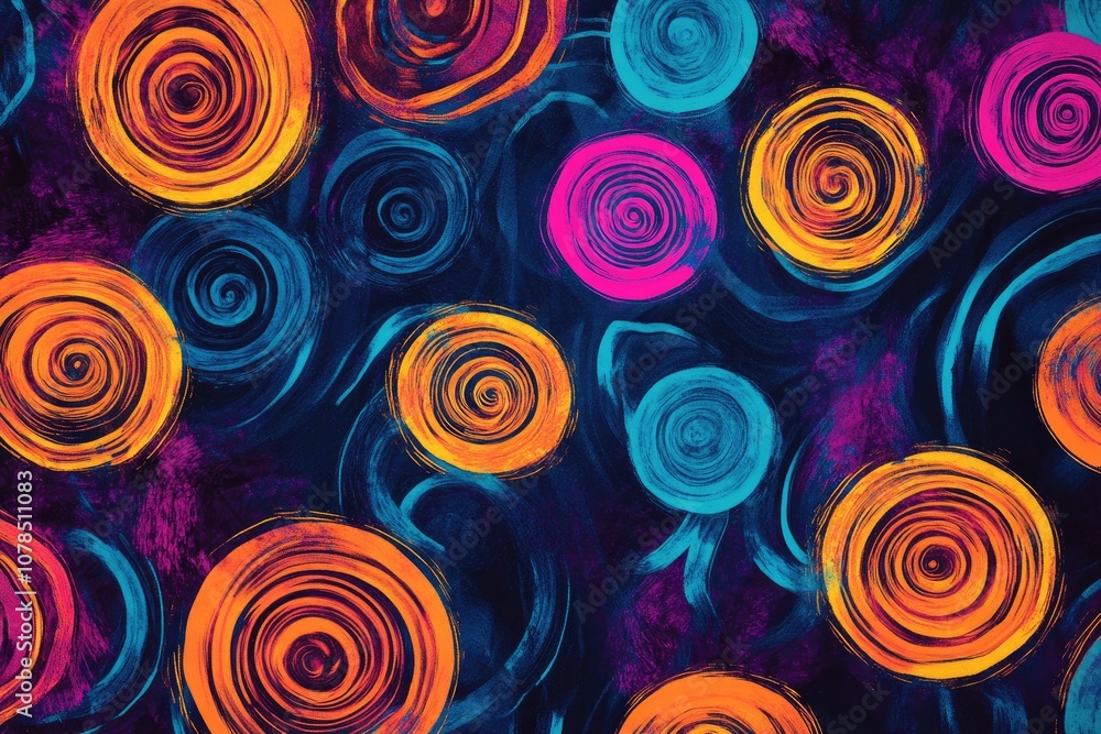 Abstract patterns of swirls and spirals in vibrant neon colors, creating a hypnotic, psychedelic effect Abstract patterns of swirls and spirals in vibrant neon colors, creating a hypnotic, psychedelic effect
