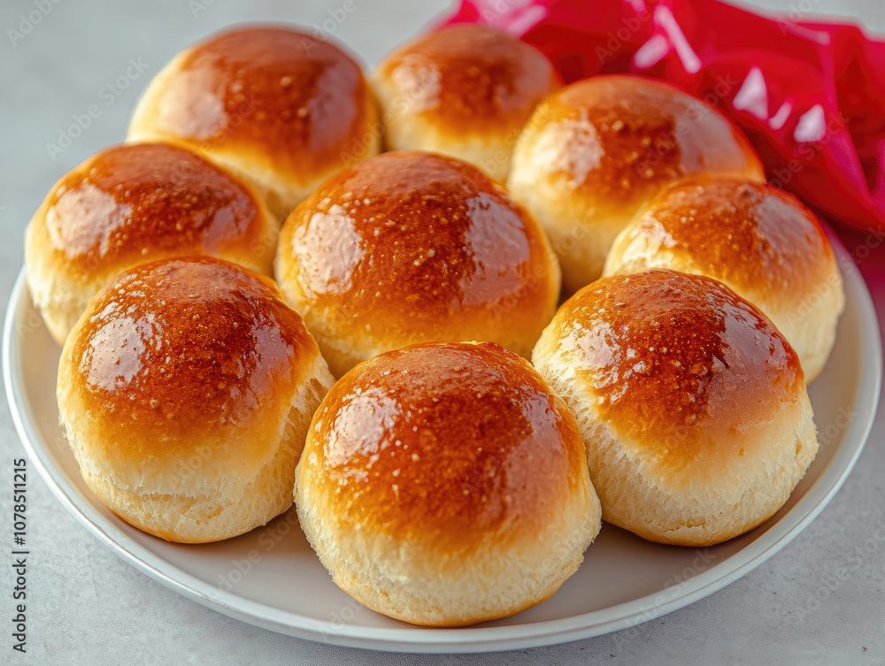 Freshly baked golden dinner rolls resting on a white plate, perfect for any gathering or cozy family meal. Generative AI Freshly baked golden dinner rolls resting on a white plate, perfect for any gathering or cozy family meal. Generative AI