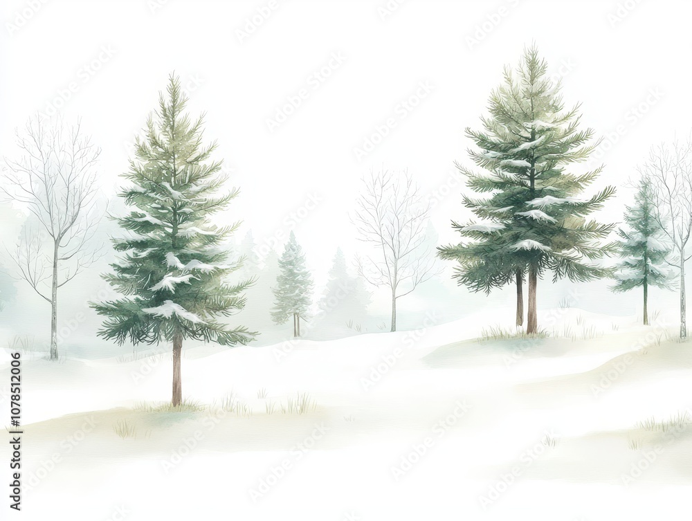 Fototapeta premium A serene winter landscape featuring snow-covered trees and a misty background, creating a tranquil and peaceful atmosphere.