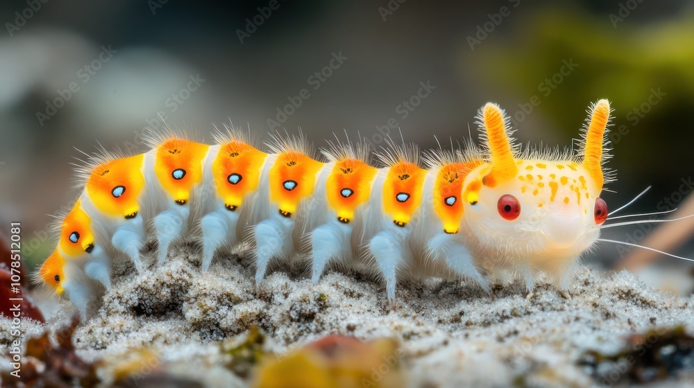 A close-up of a colorful caterpillar with a unique head structure crawling on the ground. A close-up of a colorful caterpillar with a unique head structure crawling on the ground.