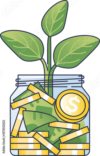 A jar filled with coins and a plant symbolizes financial growth and savings.