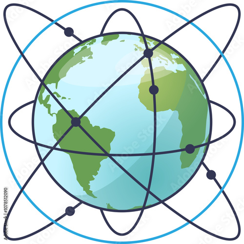 Illustration of a globe with trade lines connecting dots and a flag, symbolizing global trade and connectivity.