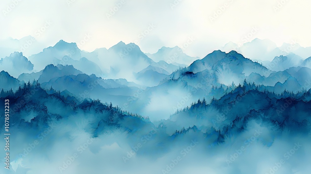 A serene landscape of layered blue mountains shrouded in mist. A serene landscape of layered blue mountains shrouded in mist.