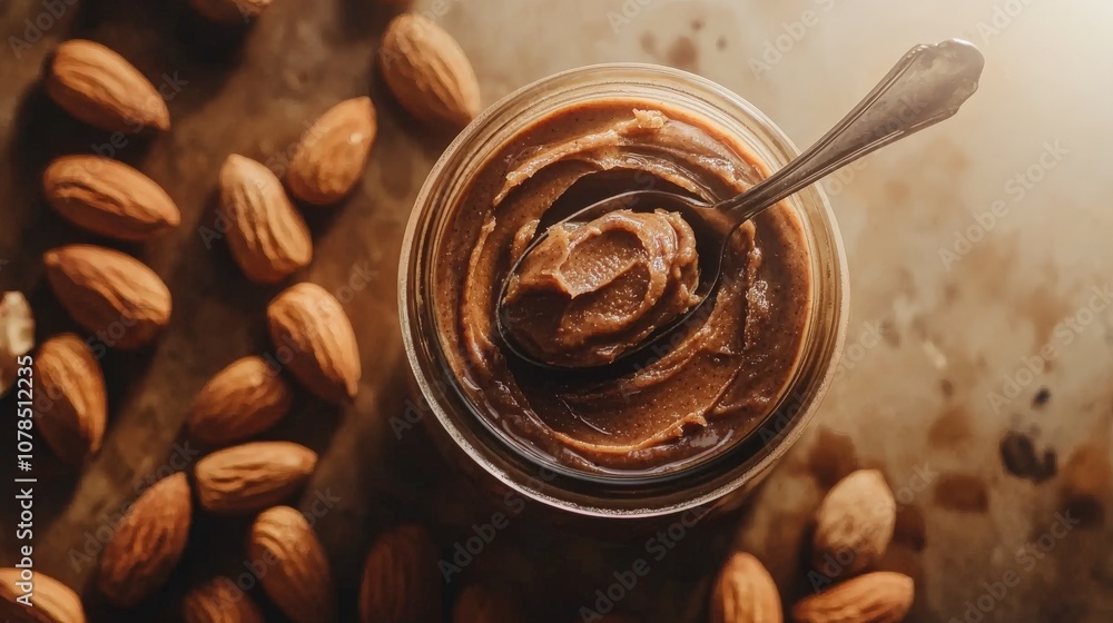 a jar of homemade almond butter with a spoon a jar of homemade almond butter with a spoon