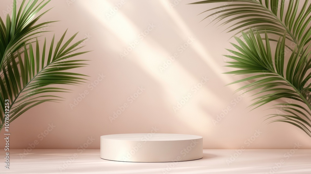 Elegant Minimalist Display with Tropical Greenery in Soft Natural Light for Product Presentation and Photography Backgrounds