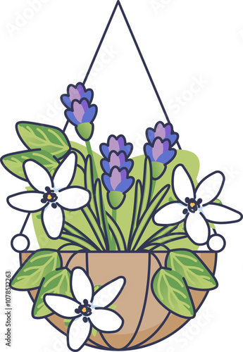 Illustration of a hanging flower basket with purple and white flowers, symbolizing beauty and nature.