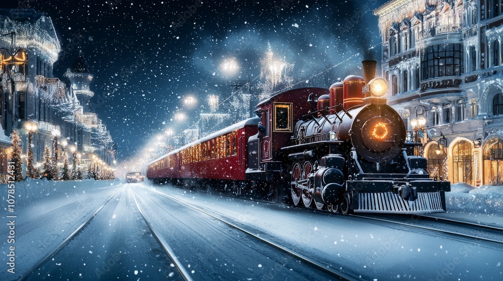 A snowy night scene featuring a classic steam train, adorned with festive lights, gliding through a charming, decorated street. A snowy night scene featuring a classic steam train, adorned with festive lights, gliding through a charming, decorated street.