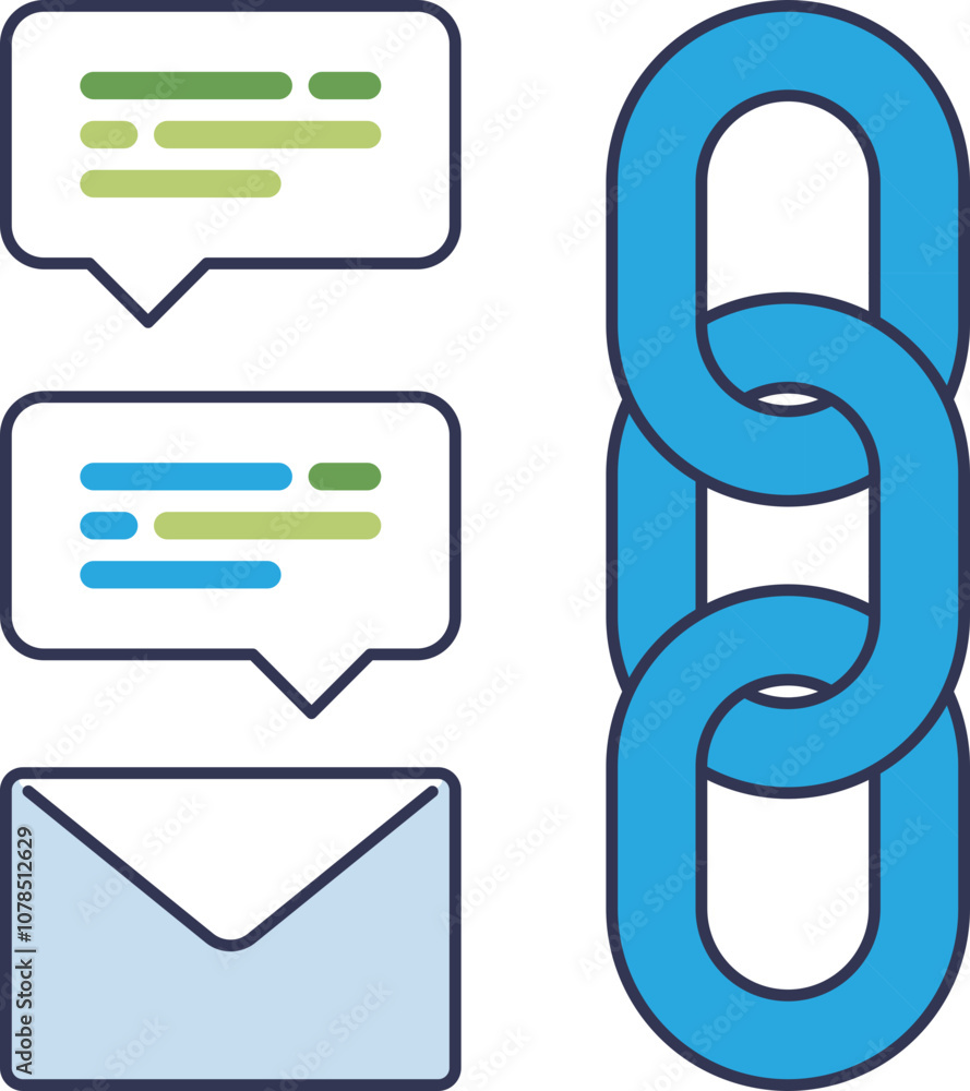 Chat bubbles, email, and chain link symbolize communication and connectivity. Chat bubbles, email, and chain link symbolize communication and connectivity.