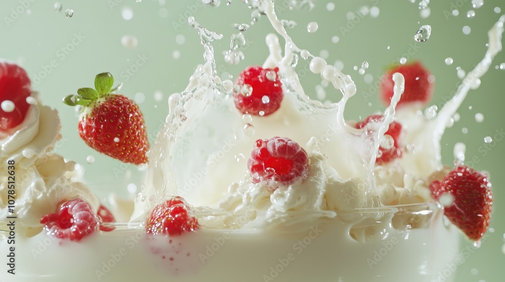 A close-up of milk splashing with strawberries and raspberries, droplets hanging in mid-air against a serene light green background, evoking freshness A close-up of milk splashing with strawberries and raspberries, droplets hanging in mid-air against a serene light green background, evoking freshness