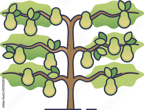 Illustration of a pear tree trained in espalier style, showcasing structured growth and fruit.